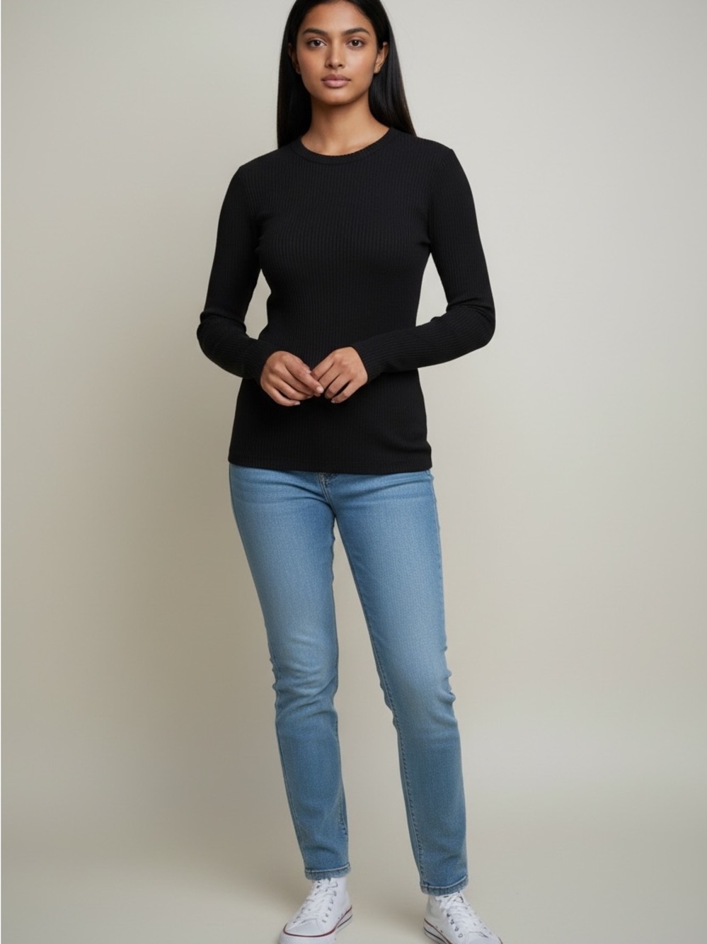 Women's Time & Tru Black Long Sleeve Crewneck Waffle Knit Top Size Medium